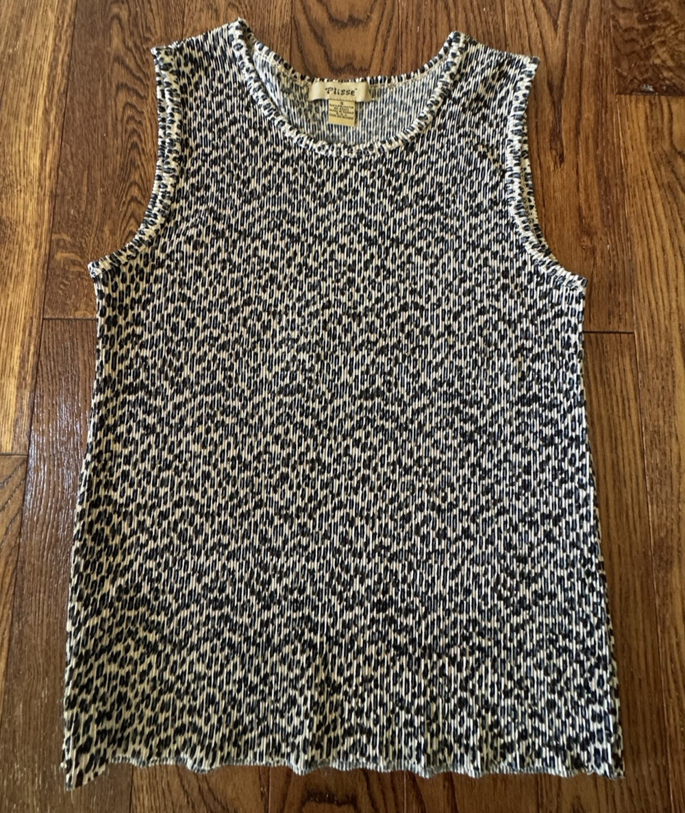 Vintage Plissé Crinkle Micro Pleated Sleeveless Tank Top Womens S Leopard 90's